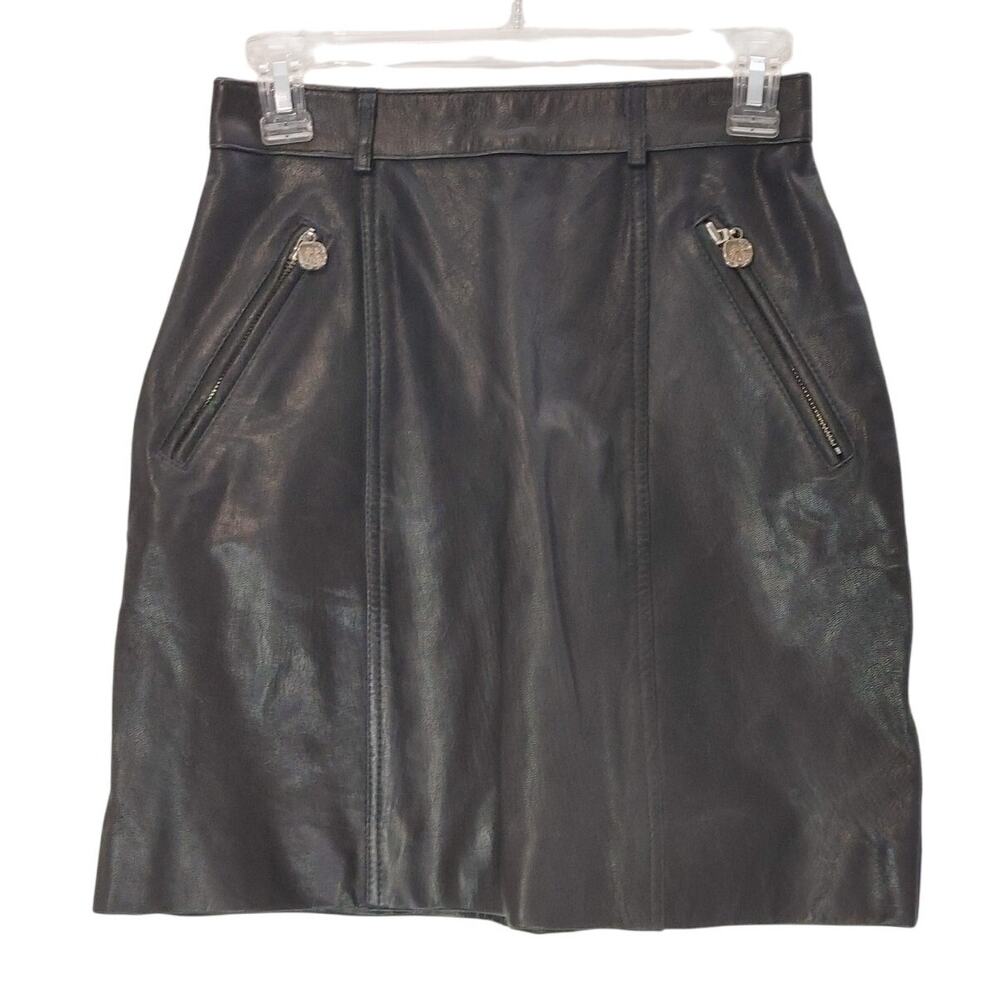 Hugo Buscati Milano Pencil Mini Skirt Black Leather Zip Pockets Womens Size 6
